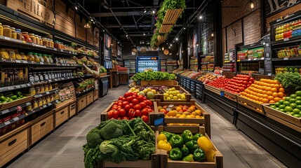 Grocery store aisle, its neatly stocked shelves filled with a colorful assortment of fresh produce