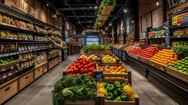 Grocery store aisle, its neatly stocked shelves filled with a colorful assortment of fresh produce