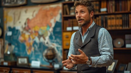 history teacher bringing history to life by sharing stories, artifacts, and multimedia presentations, engaging students in the past and its relevance to the present.illustration