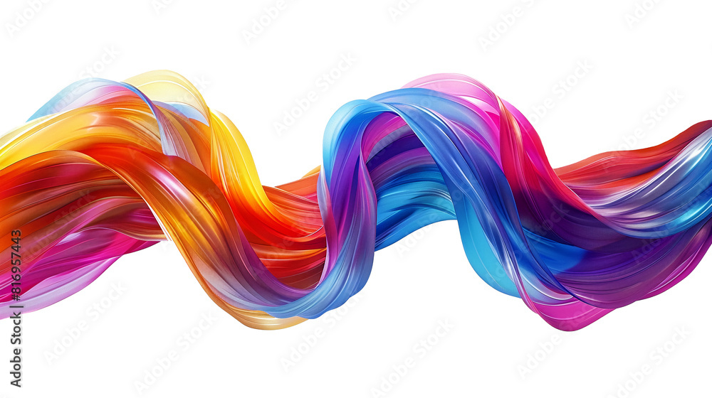 Poster 3d rendering of a colorful twisted wave in motion on a transparent background, smooth multicolored w