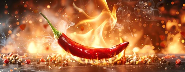 Hot red chili pepper on fire, fire flames background, food photography, close up shot, studio light, high resolution photography