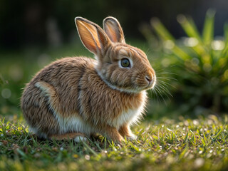 Fototapeta premium A rabbit is calmly sitting on the lush green grass under the warm sun