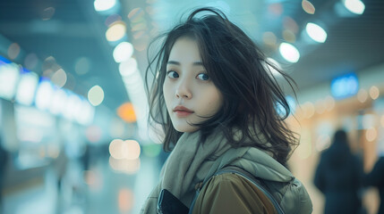 Naklejka premium Amidst an airport's hustle, a young Asian woman's portrait showcases her travel-ready fashion and the charm of Asian culture.