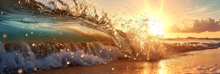 Wave rolls towards the sandy shore, the crest of the wave forms gentle bubbles of foam