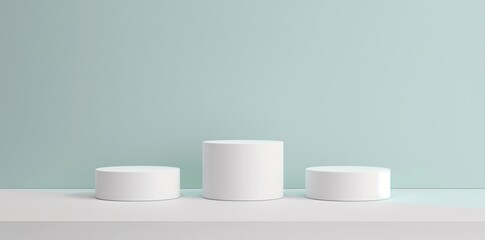 Abstract white background with three cylinder pedestal podiums for product presentation on light blue wall