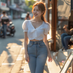 길을 걷는 청바지 입은 아름다운 여성