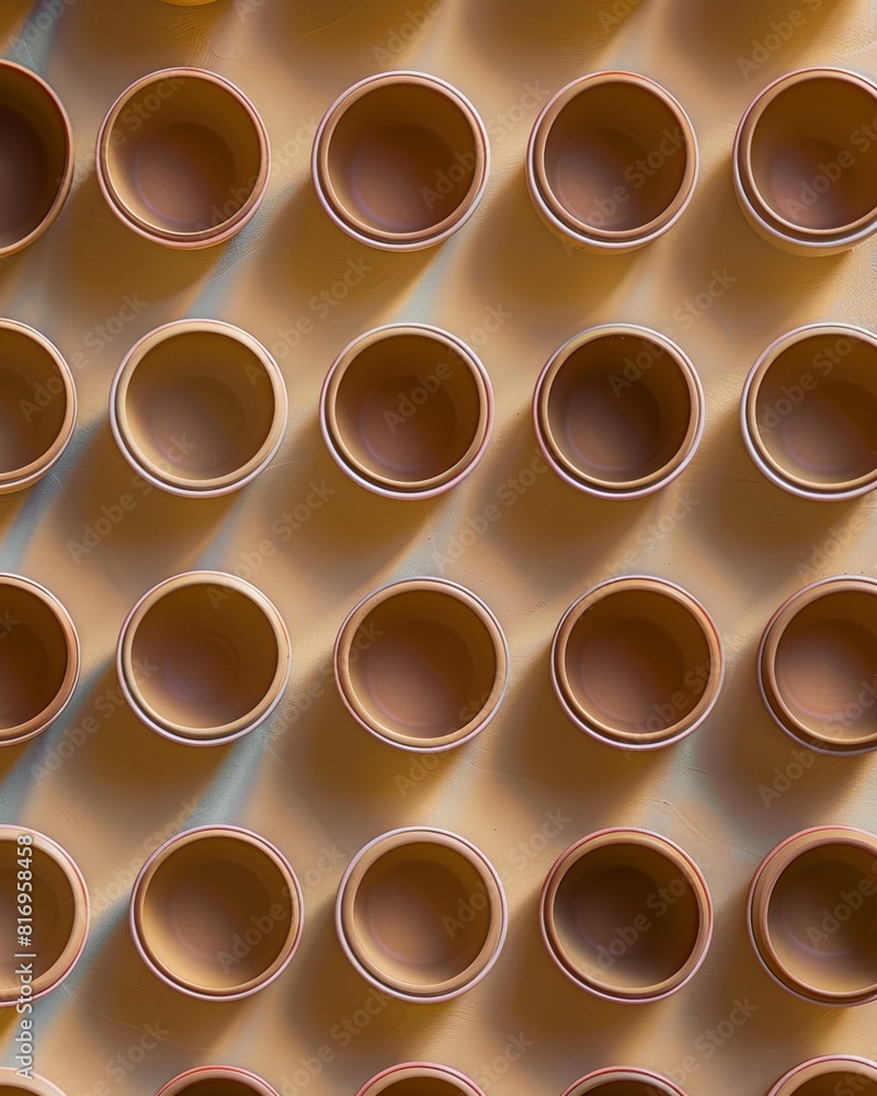Poster symmetrical aerial view of light brown ceramic cups in a geometric pattern on a textured background