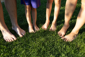 bare feet of adults and children of family of four stand on grass. View from above. Summer fun walk in park on a sunny hot day. family fun, healthy lifestyle. unity between children and parents