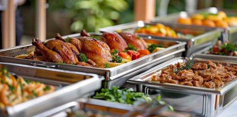 Catering at a wedding party or corporate event with chafing dishes filled with different dishes, including chicken