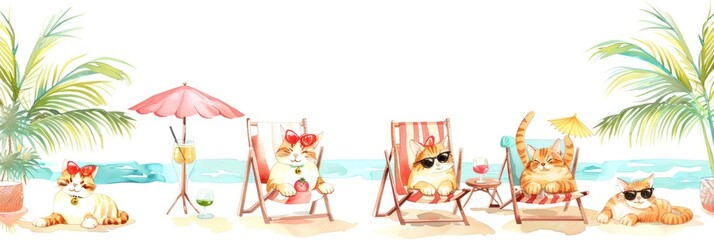 Relaxed cats in a summery beach setting