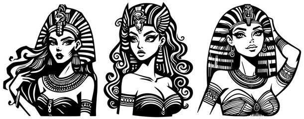 egyptian retro pinup girl, black vector transparent, beauty pin-up woman colorless silhouette sketch vintage illustration, comic style character clipart shape for laser cutting engraving print