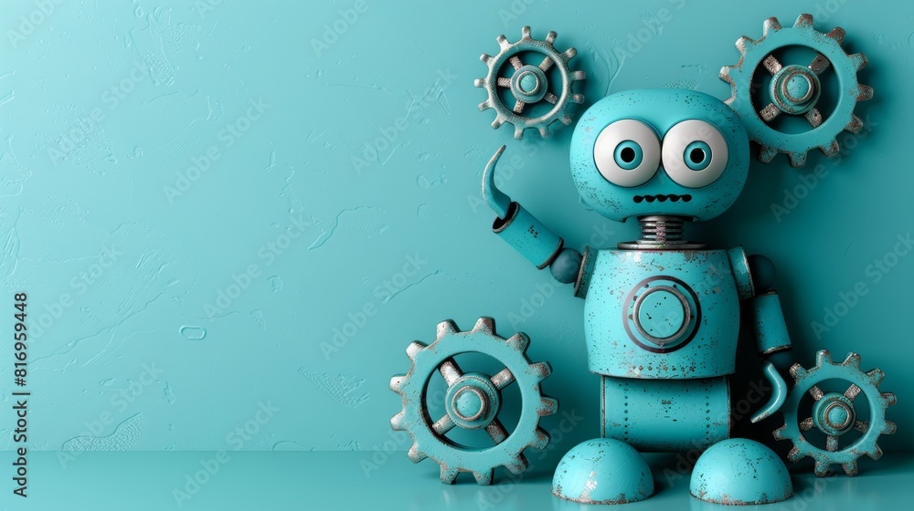 Poster cute robot pointing at empty space with copy space for text, adorable futuristic concept