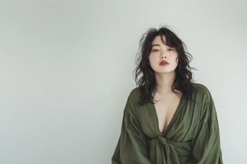 Fashionable portrait of a confident young Asian woman in a simple robe, minimalist style against a light background.