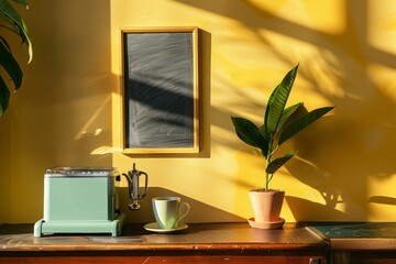 Modern Minimalist Home Coffee Station Mockup with Chalkboard, Espresso Machine, and Potted Plant in Natural Light