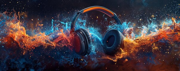 Headphones shattering into a spectacle of colorful splash and smoke, illustrating the intensity of music beats Festive, digital illustration