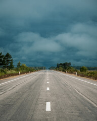 Straight empty highway stretching toward distant forest on a cloudy day