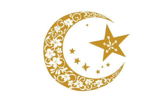 A gold and white star with a crescent moon in the background, illustrations, clipart, isolated on a transparent background.