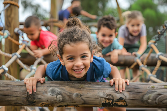 Children navigating an obstacle course with determination and joyful enthusiasm