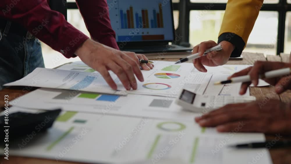 Poster close up of hand teamwork business group are meeting working calculate and brainstorming about busin