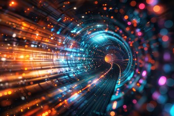 Obraz premium Hyperspace tunnel made of streaming data and broadband signals, visualized as a vibrant, fastmoving light show in a dark void Highspeed, abstract 3D visualization