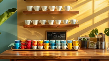 Celebrating National Coffee Day: Artisan Coffee Station with Colorful Ceramic Cups and Eco-Friendly Decor in Morning Light