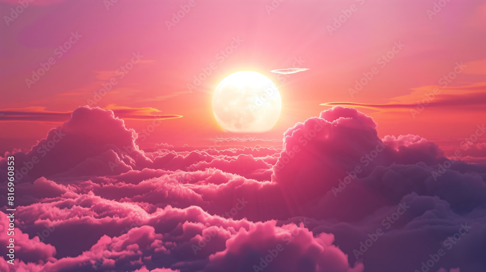 Poster a dreamy sunset/sunrise scene with a glowing sun illuminating vibrant pink and purple clouds, creati