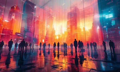 Obraz premium a crowded city street at night with silhouettes of people walking against a vibrant, colorful background of illuminated buildings and lights