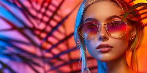 Blonde model in unique sunglasses with palm tree background in pop art style. Concept Fashion...