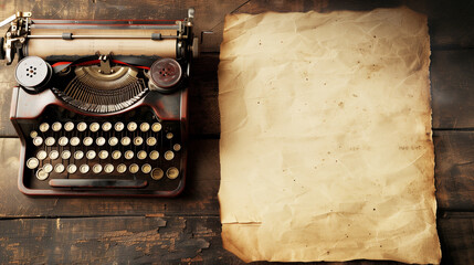 Vintage scene with an antique typewriter and a blank crumpled sheet of aged paper on a rustic wooden surface. The composition evokes nostalgia and literary creativity.