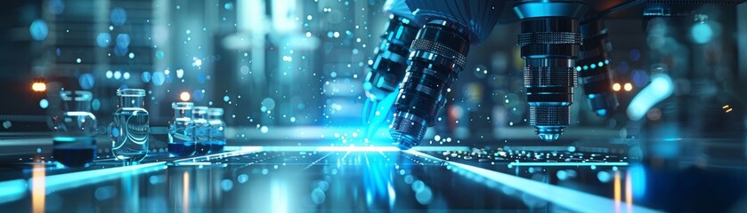 Advanced robotics and high-tech laboratory with glowing blue lights and particles. 3D rendering of scientific research concept with space for text. Futuristic lab equipment in action.