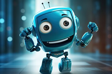 A joyful blue robot with big eyes and a smile on its face. Generative AI