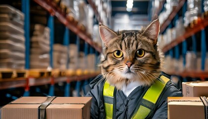 大型倉庫で働く猫