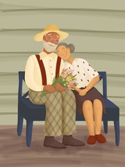 Cute old couple in love sitting on a bench in front of the house. Grandparents.