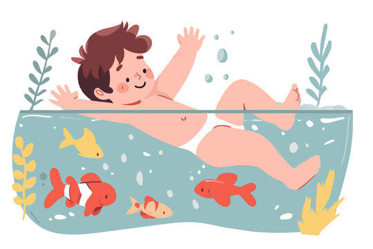Child boy swim in water on nature in summer. Aquatic sport. Swimming in sea, river, pool. Childhood leisure and skill development of swim. Vector cartoon illustration