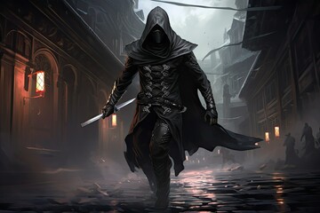 A man in a hooded outfit, possibly an assassin, is seen walking down a street. Generative AI