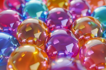 Closeup image featuring a collection of shiny, multicolored spheres with reflections