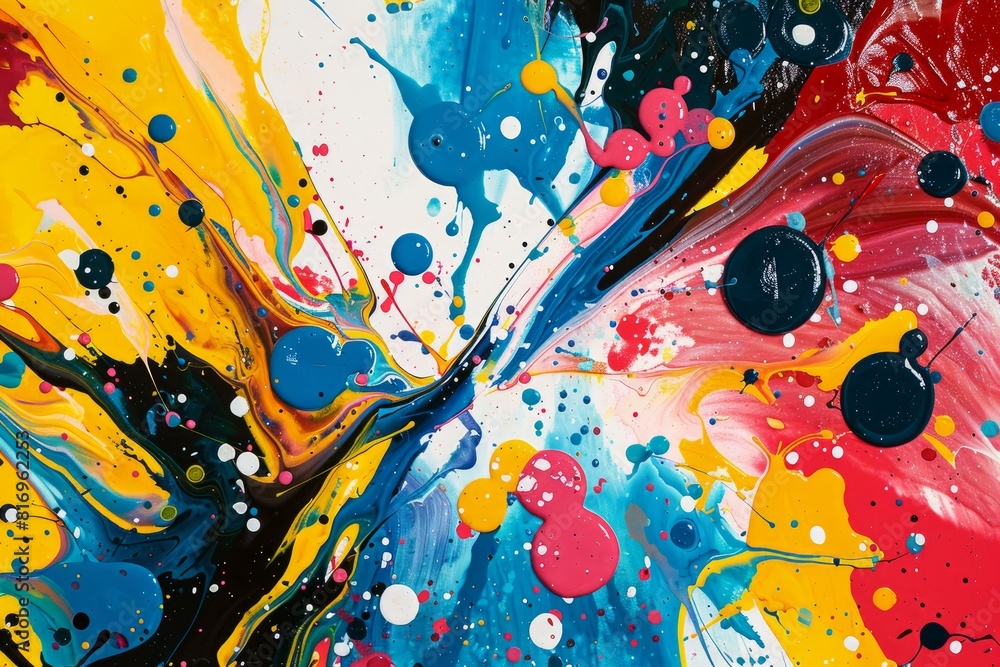 Poster vibrant paint splashes and drips creating a dynamic abstract artwork