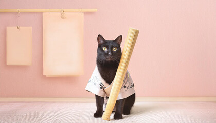 筆を持って習字をする猫・掛け軸