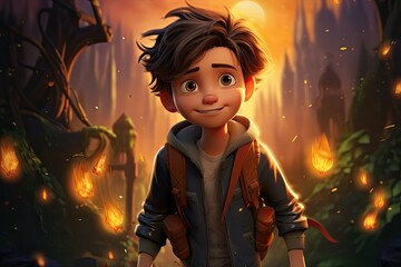 A young boy with a backpack is standing among trees in a forest. Generative AI
