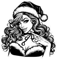 christmas time pinup girl, pin-up woman, black vector transparent background, nocolor silhouette sketch illustration, amazing lady comic character shape laser cutting engraving print