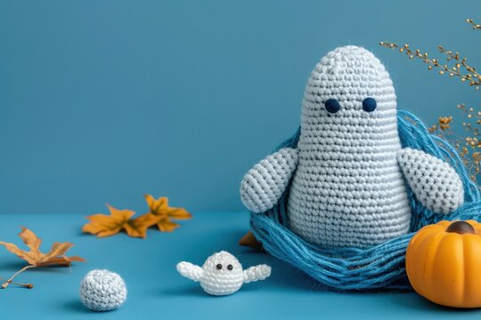 A spooky amigurumi ghost, floating at the top with a ghostly space below for Halloween greetings