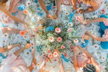 Joyful Afternoon: Diverse Friends Sharing Laughter and Food at a Sunny Springtime Picnic in a Flower-Filled Park