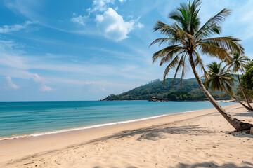 Fototapeta premium Sunny Beach in Thailand. Palm trees, sand, sea. Landscape view from the shore.