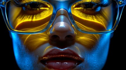 Fashionable mannequin head wearing trendy orange sunglasses on colorful backdrop