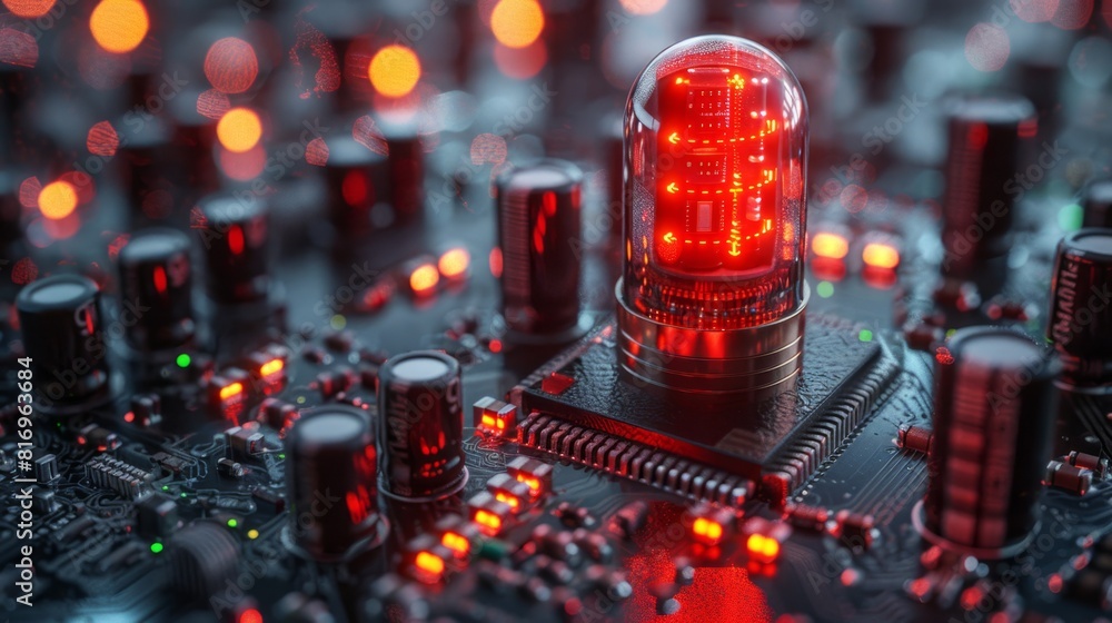 Poster shows a close-up of a circuit board with a red led. the board is dark in color and the led is bright