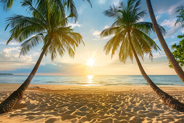 Landscape of a sandy beach in Thailand at sunset. Palm trees, sand, sea. View from the shore.