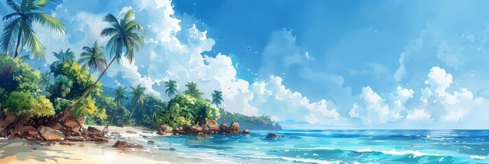 Tropical beach with palm trees and clouds