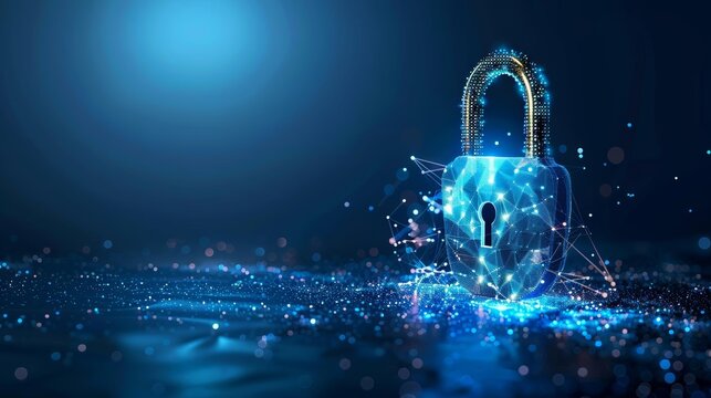 Sleek digital padlock securing a virtual gateway, set against a cyberthemed dark blue backdrop Conceptual, digital art