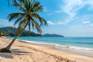 Obraz premium Sunny Beach in Thailand. Palm trees, sea, sand. Landscape view from the shore.