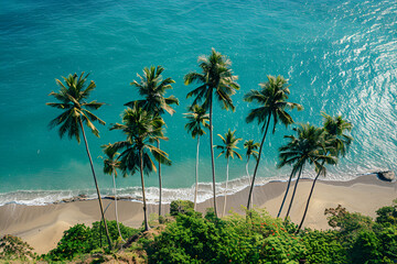 Sandy beach in Thailand. Palm trees, sea, sand. Bird's eye view.